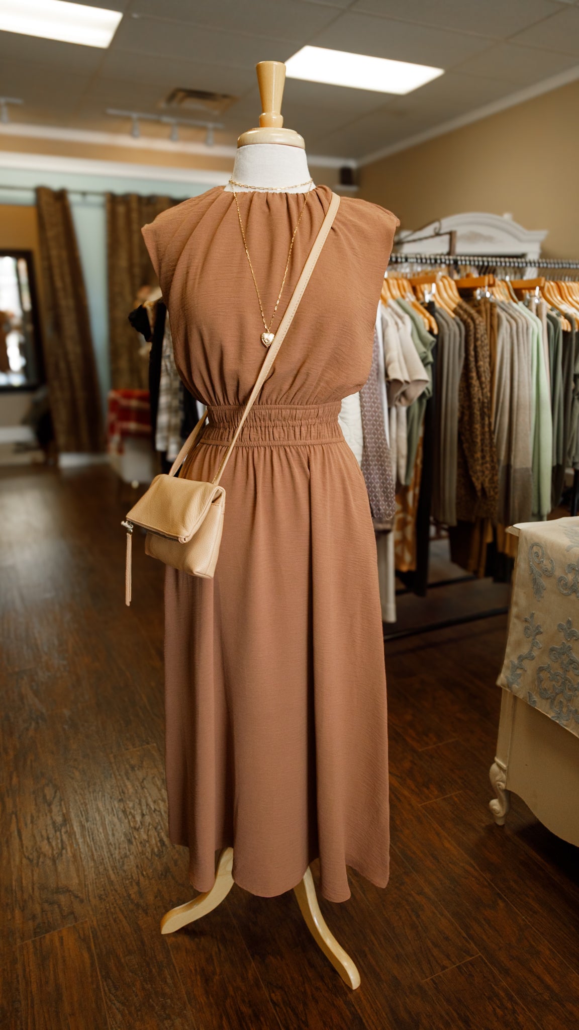 Mocha Ruched Waistline Midi Dress
