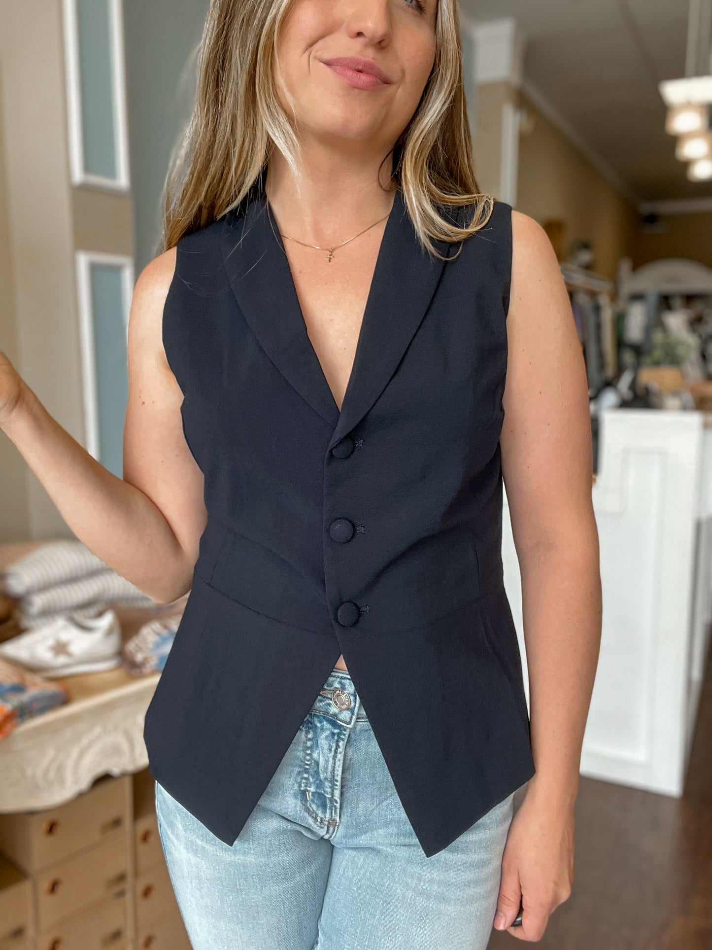 Button Front Navy Vest