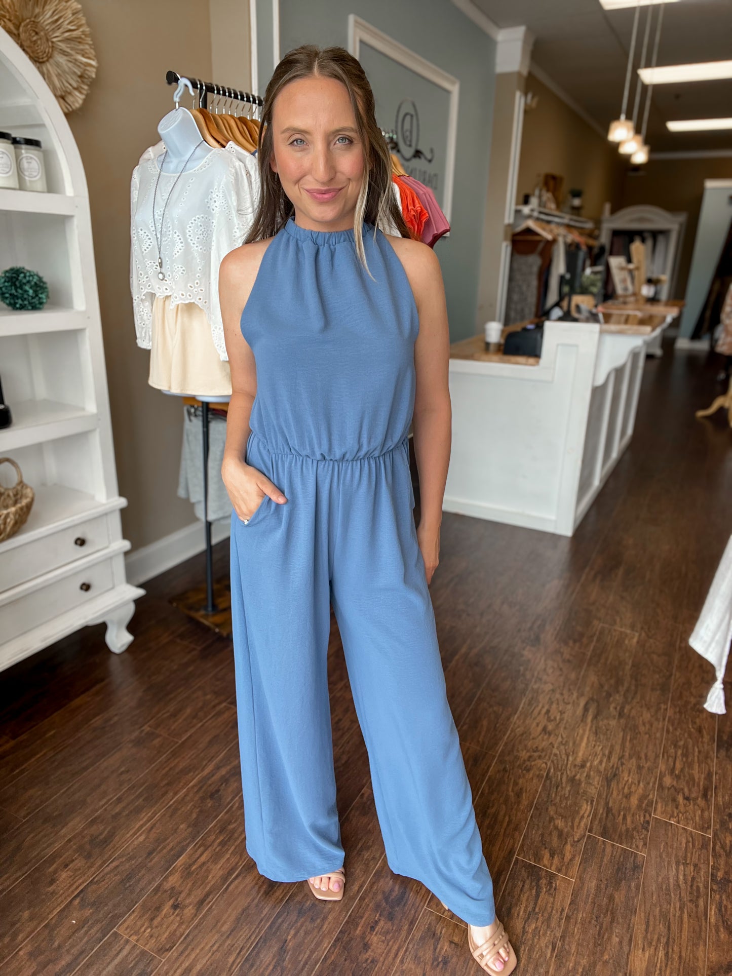 Blue Elastic Neckline Jumpsuit