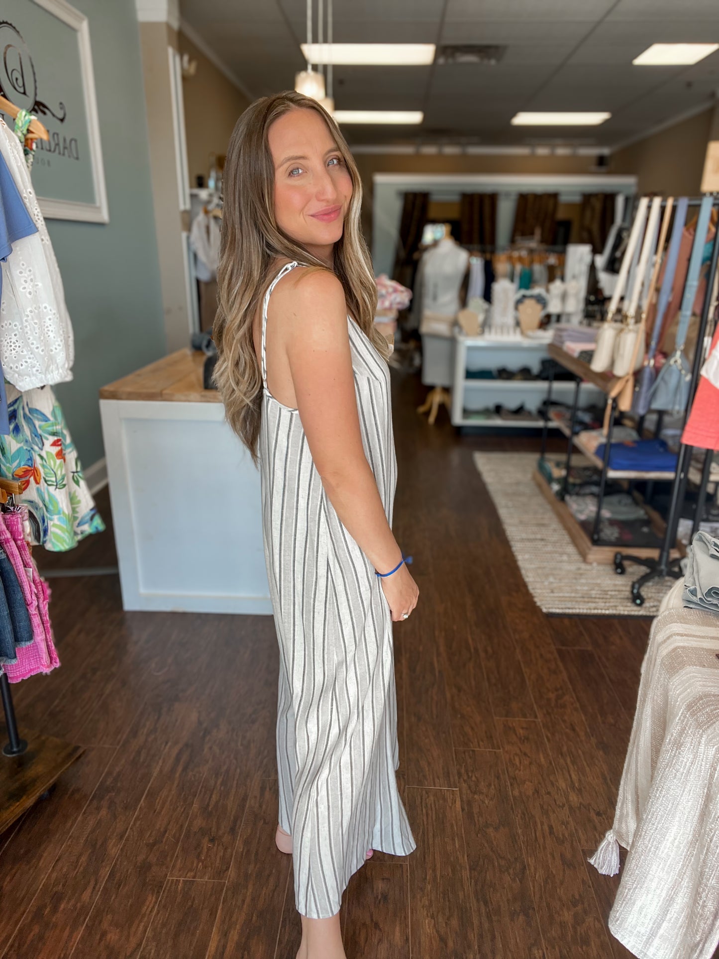 Oatmeal Stripe Sleeveless V Neck Jumpsuit