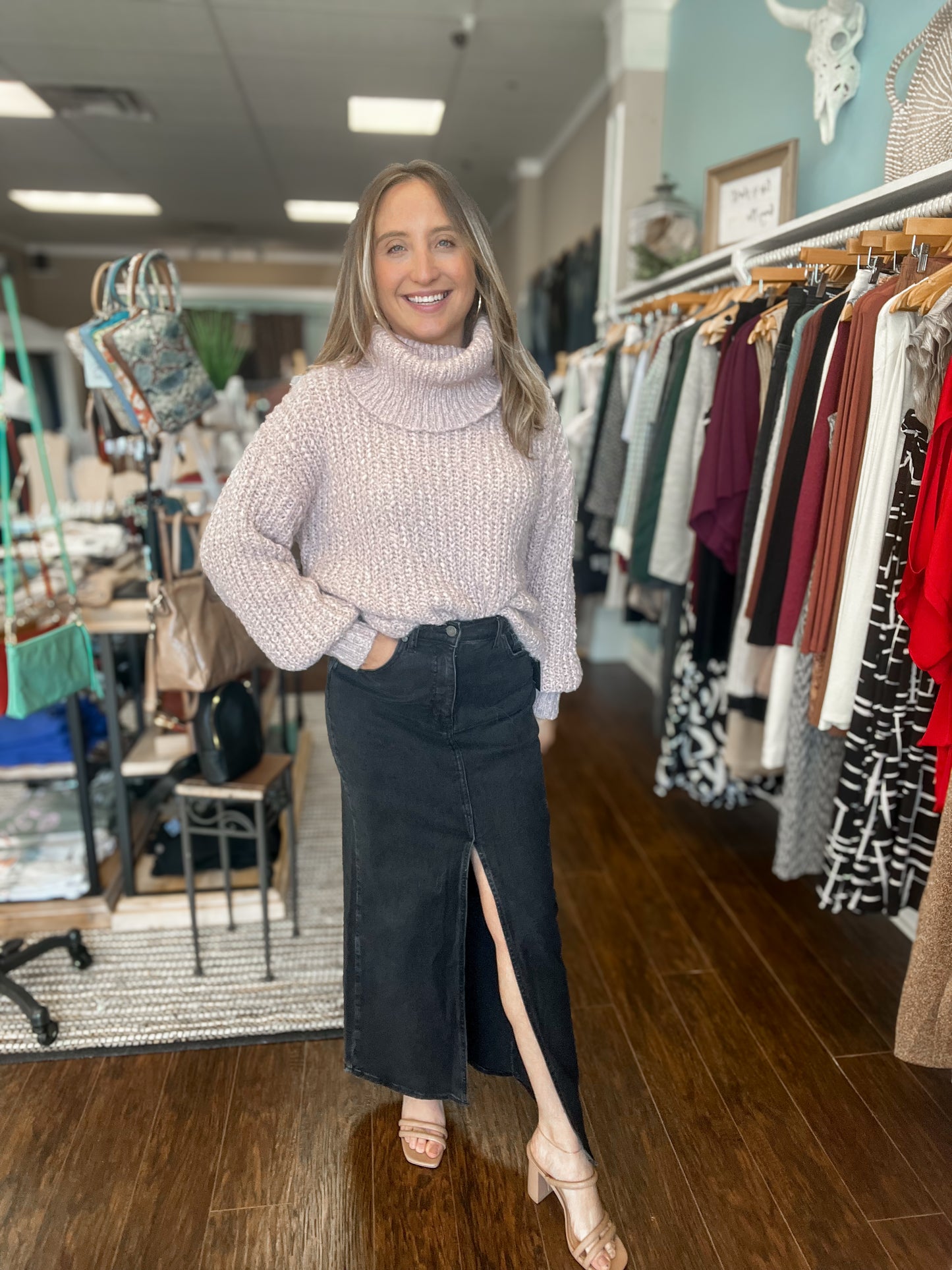 Black Denim Midi Skirt