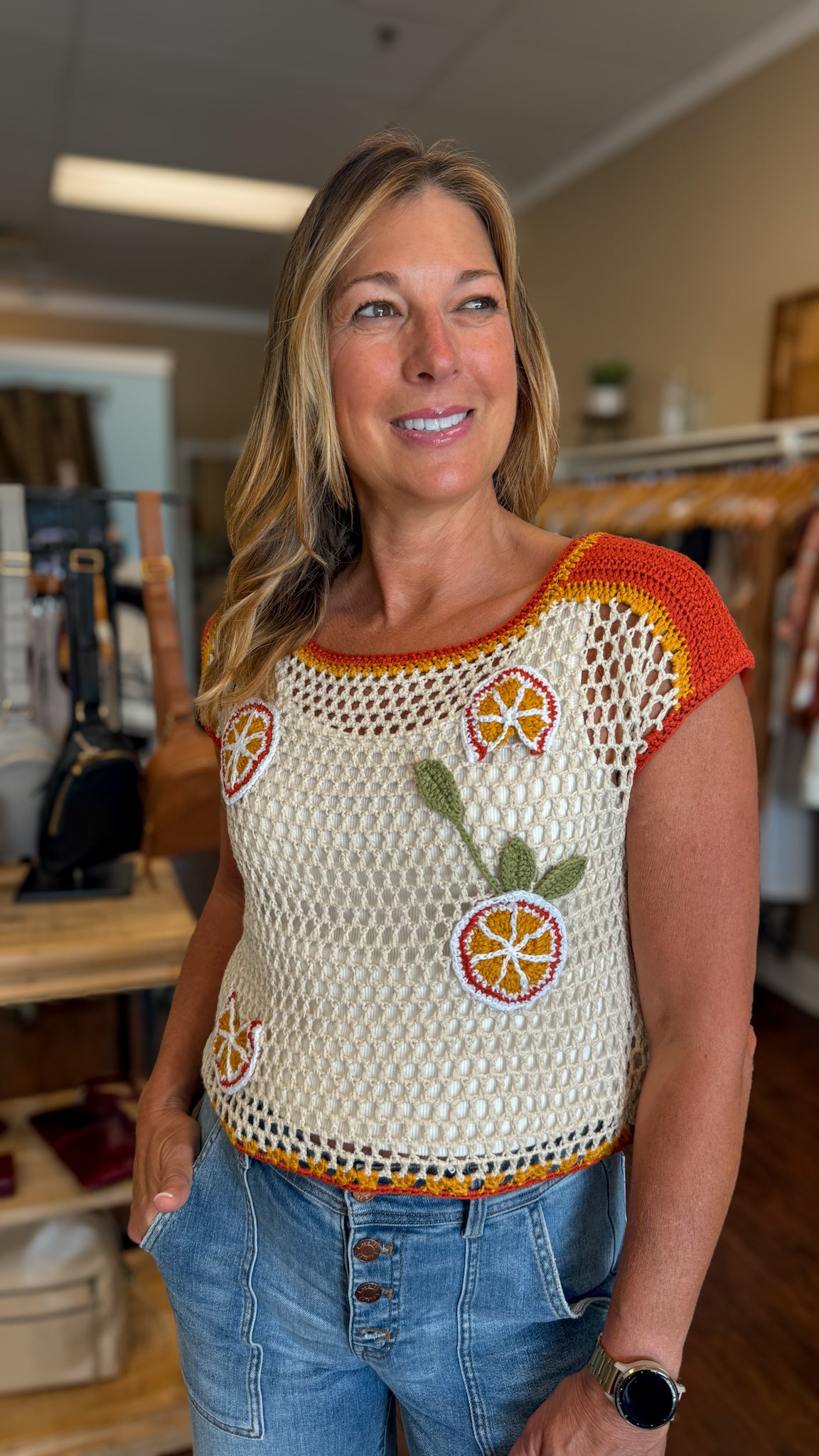 Oatmeal/Red Crochet Top