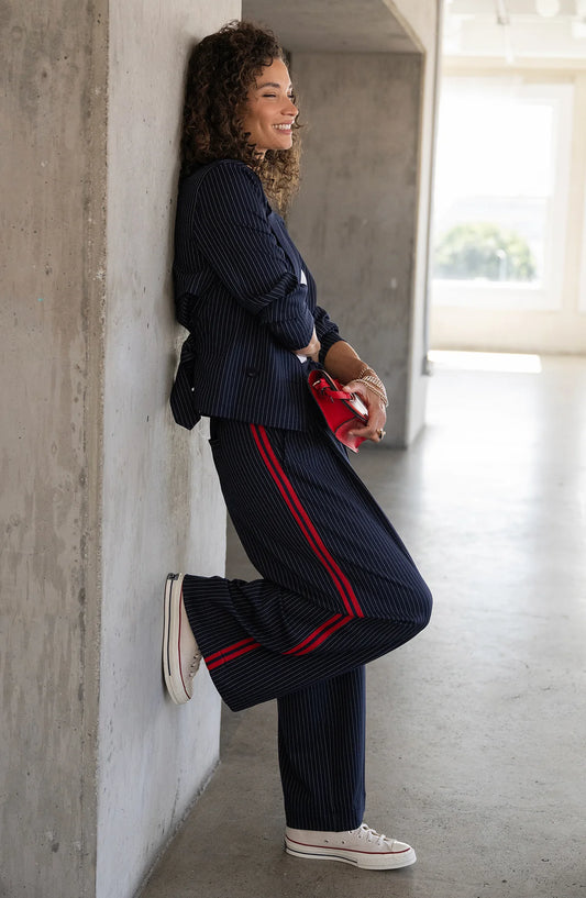 Striped Pleated Trouser with Red Side Stripe