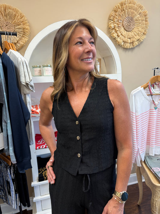Black Textured Button Front Vest