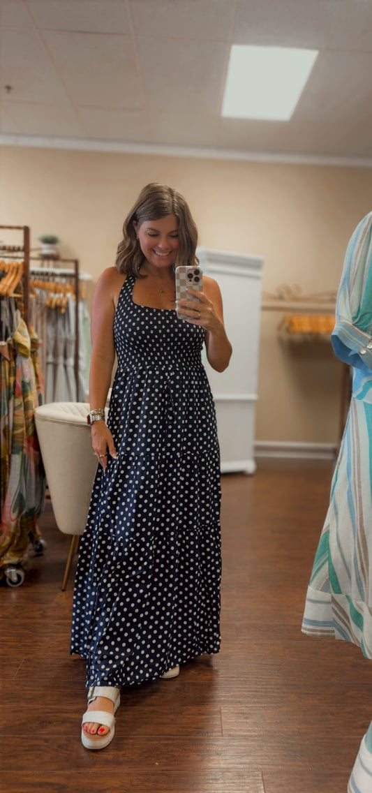 Navy Spot Halter Maxi Dress