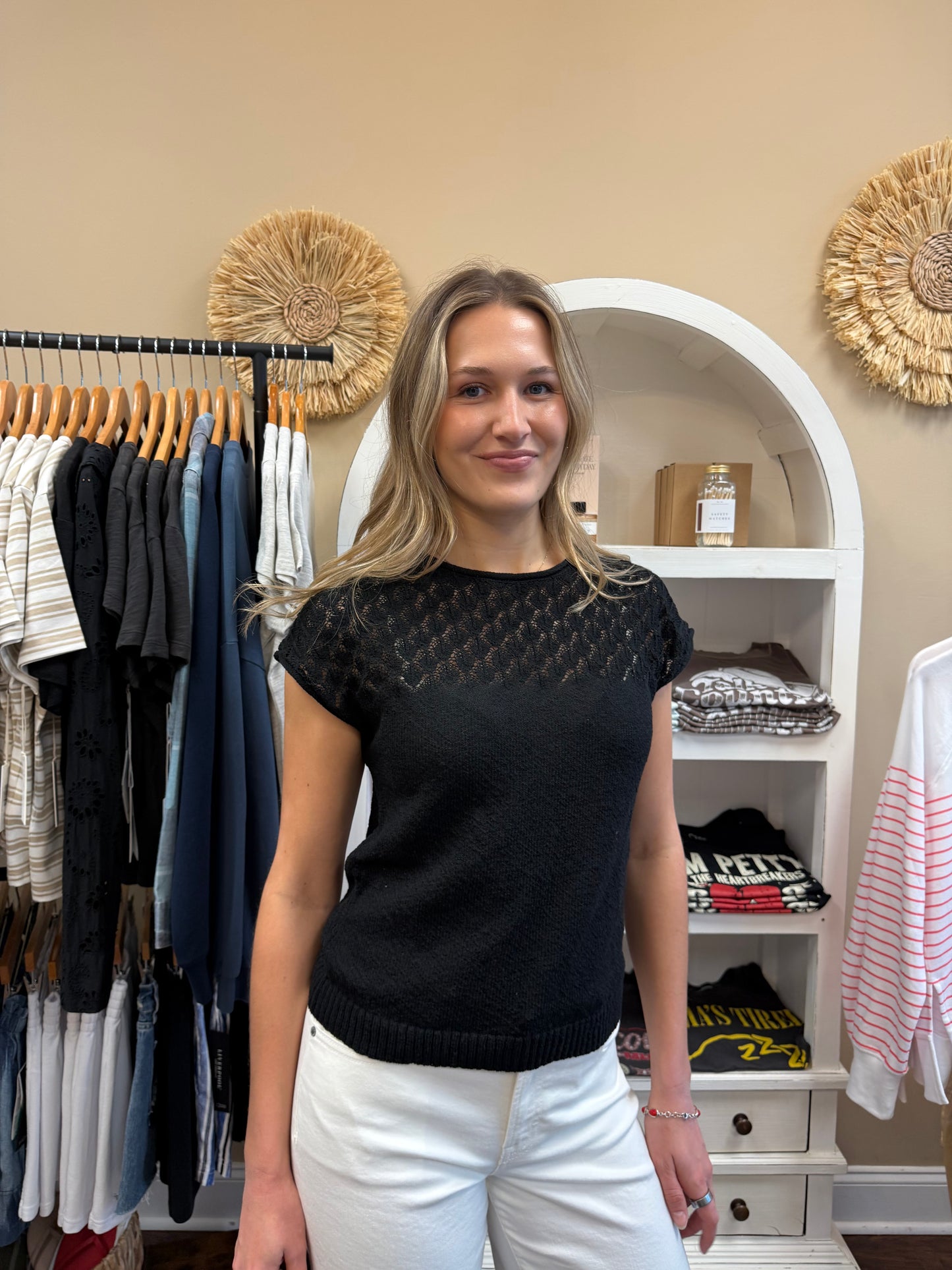 Black Eyelet Yoke Knit Top