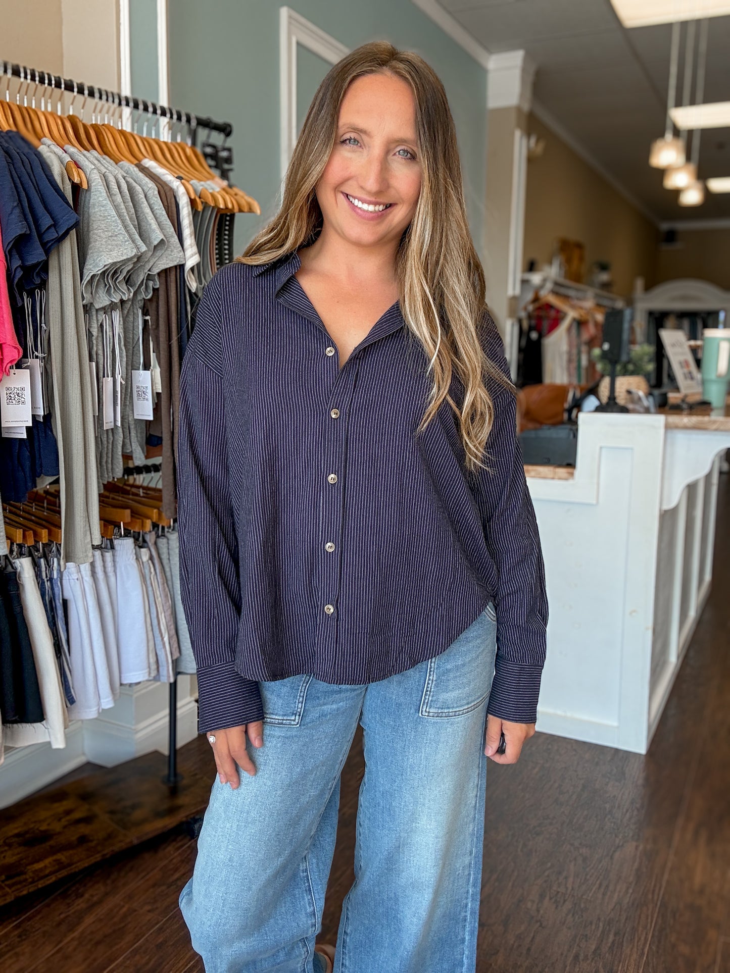 Navy Pinstripe Button Down Shirt
