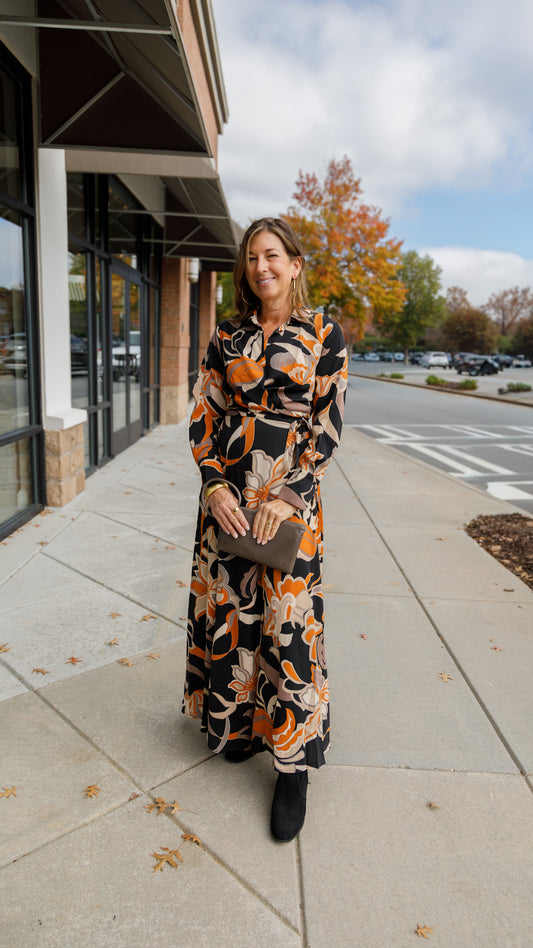 Orange & Black Printed Wrap Maxi Dress