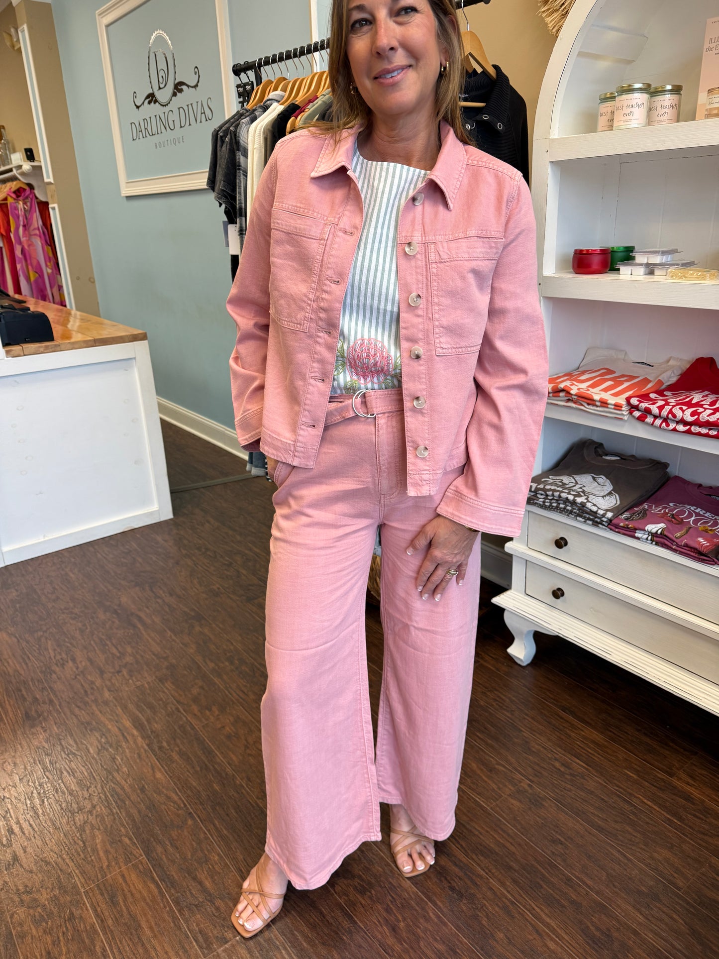 Misty Blush Belted Stride Wide Leg Jean