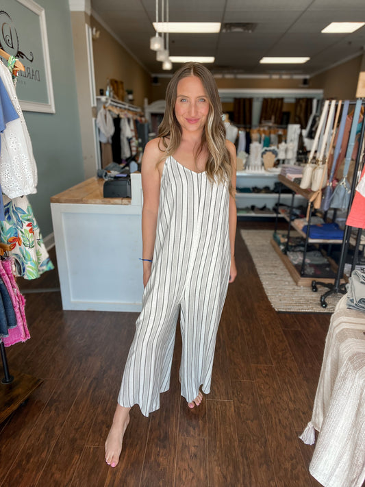 Oatmeal Stripe Sleeveless V Neck Jumpsuit