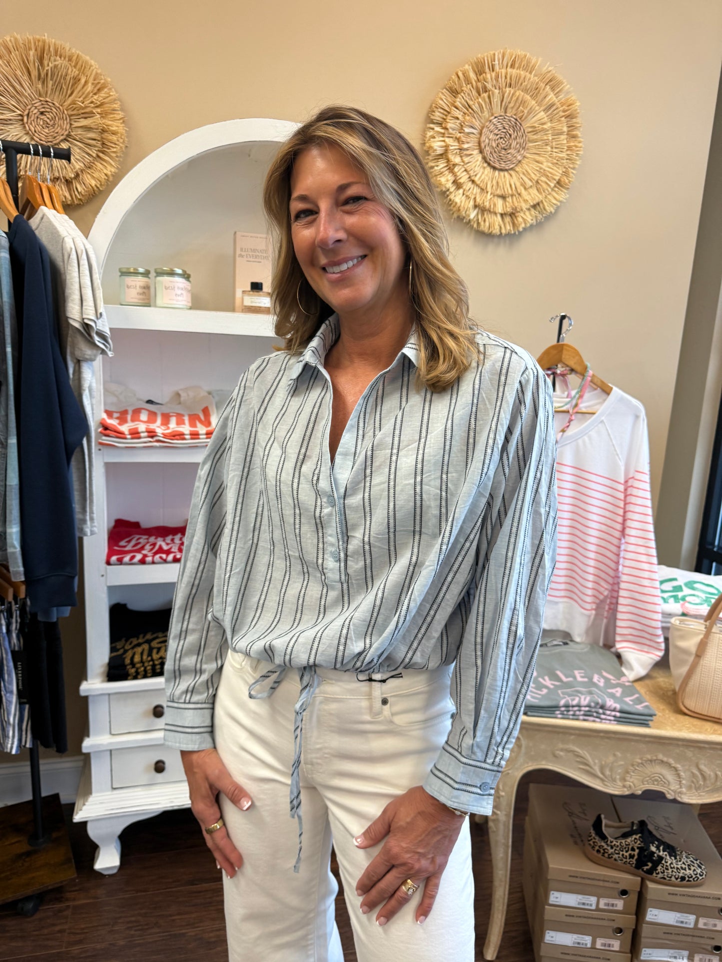 Blue Striped Pullover Drawstring Shirt