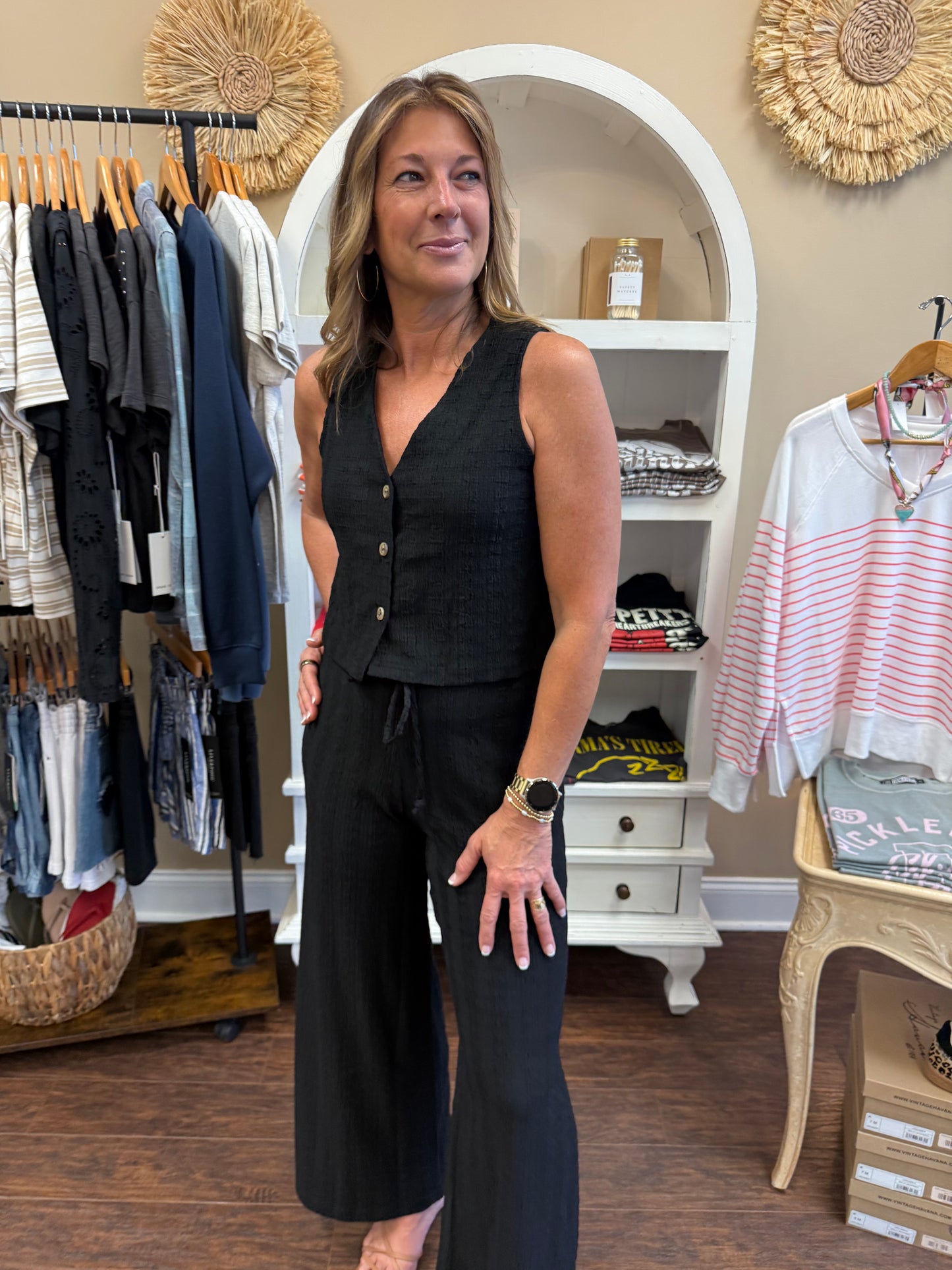 Black Textured Pull On Pants