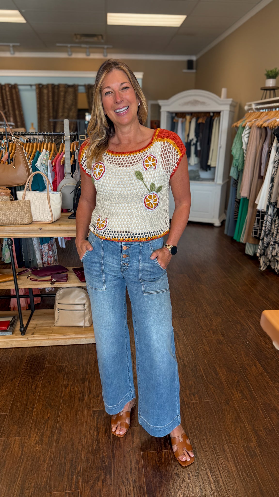 Oatmeal/Red Crochet Top