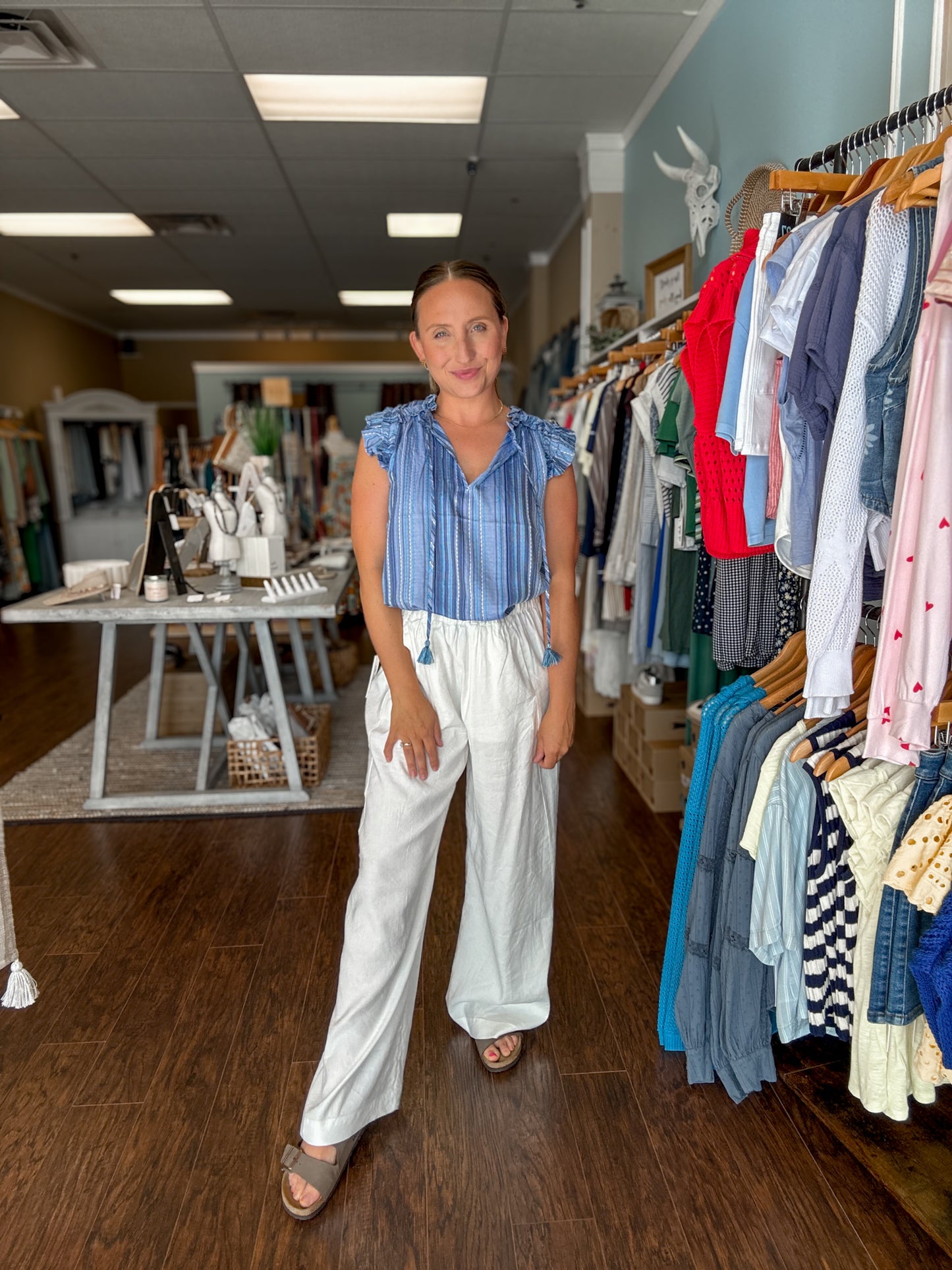 Chambray and Teal Ruffled Woven Top