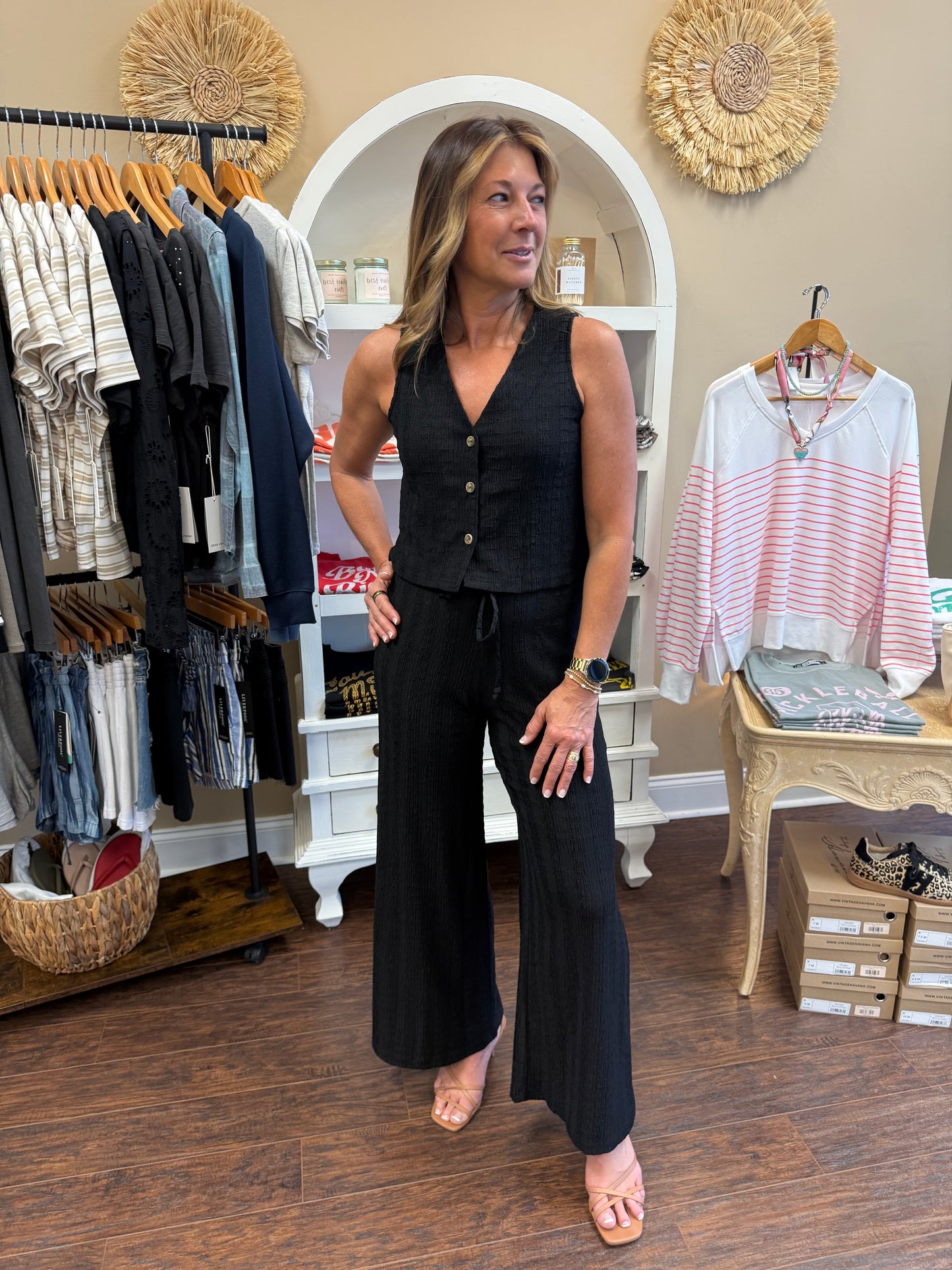 Black Textured Pull On Pants