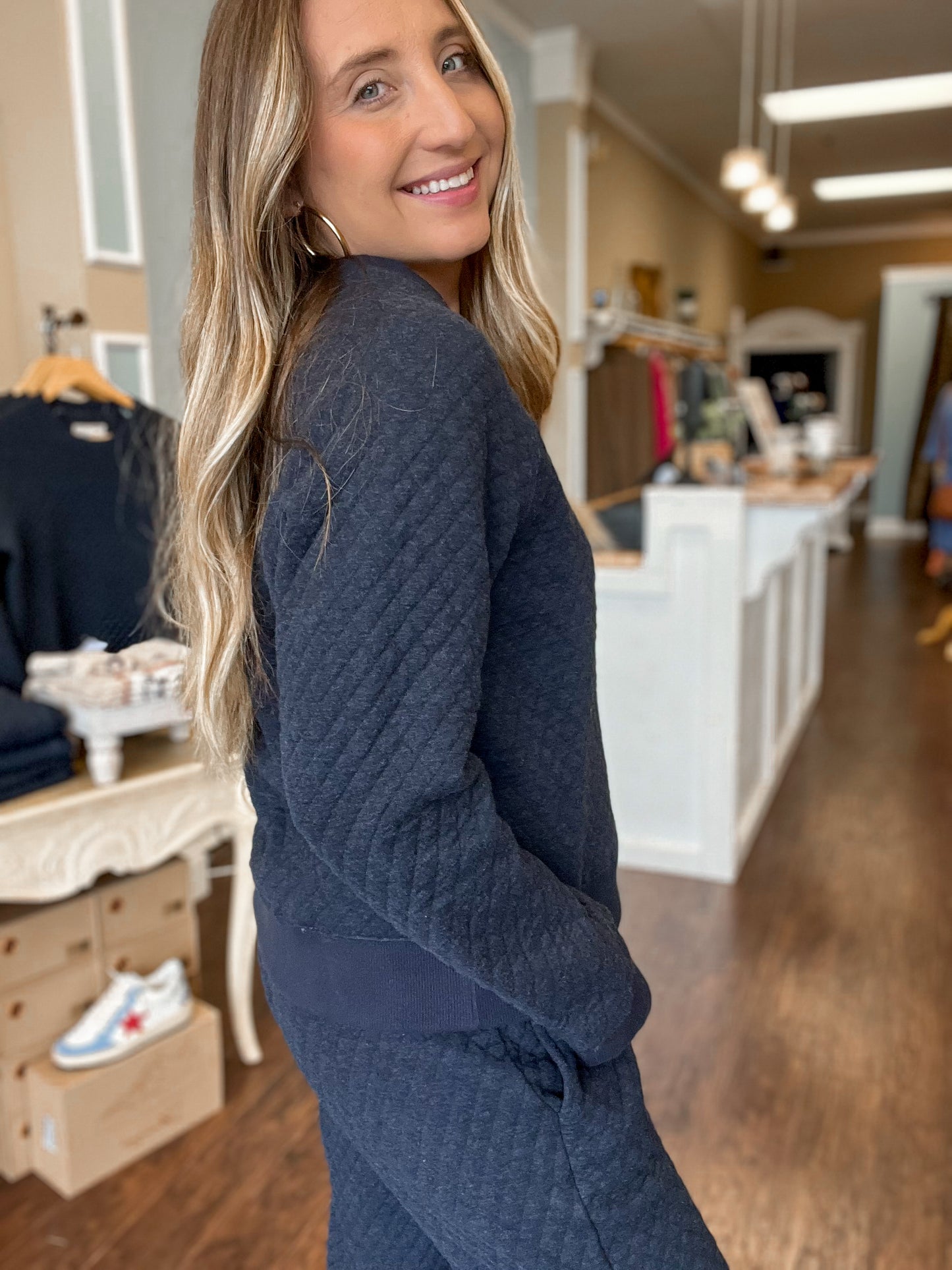 Navy Woodlawn Quilted Crewneck Sweatshirt