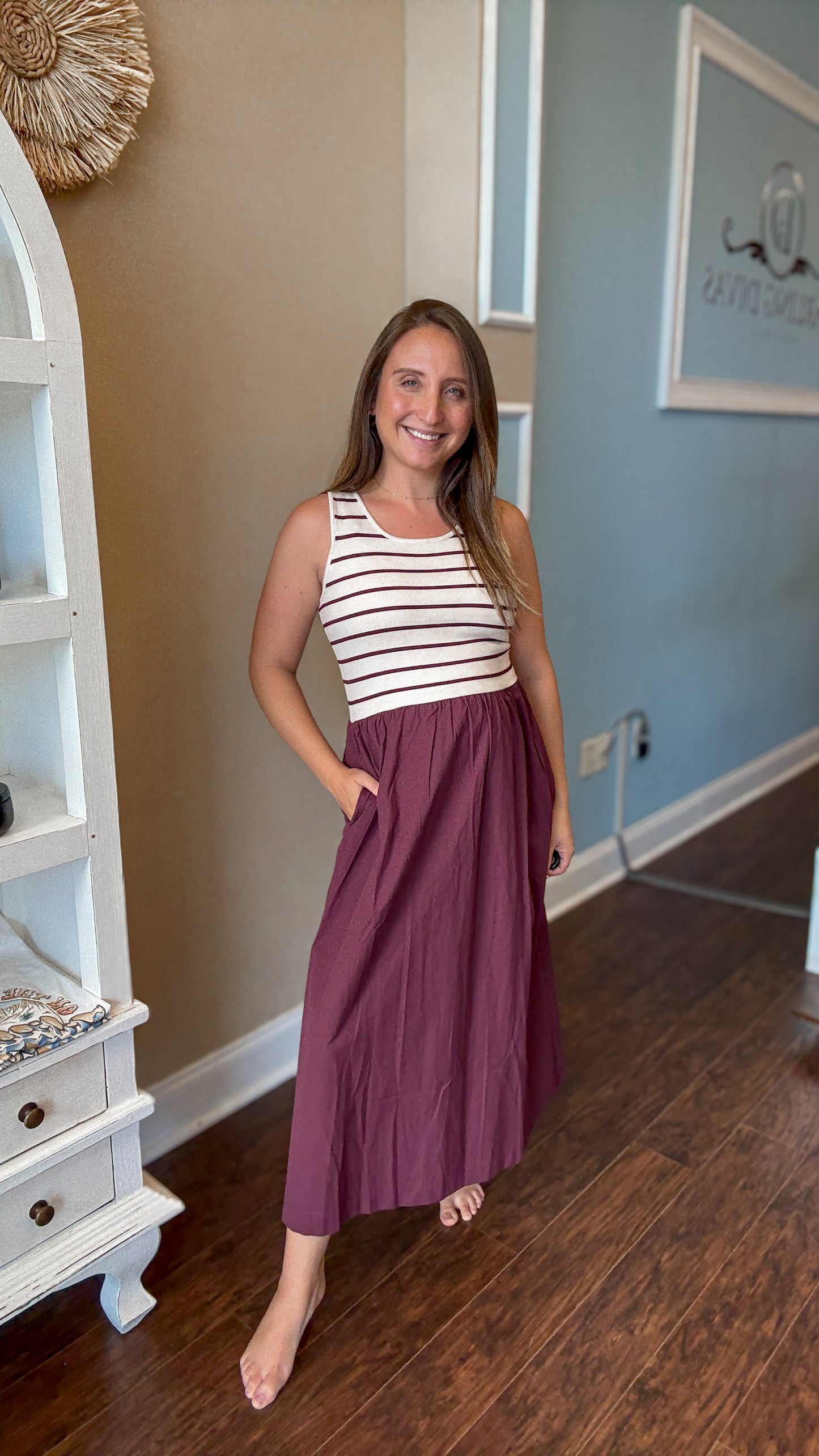 Wine Striped Knit Contrast Dress