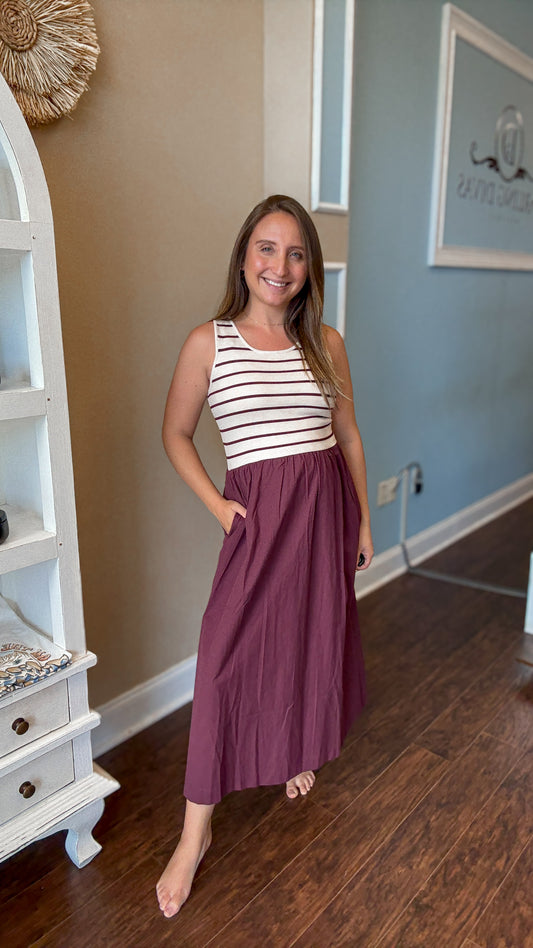 Wine Striped Knit Contrast Dress