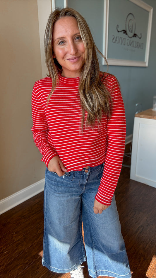 Red Crew Neck Stripe Sweater